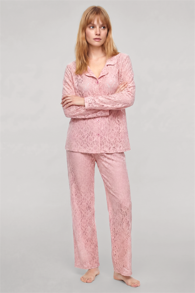 Akbeniz Zarif Dantel İşlemeli Düğmeli Kadın Pijama Takımı – Toz Pembe