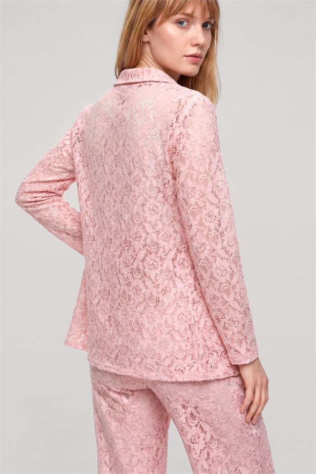Akbeniz Zarif Dantel İşlemeli Düğmeli Kadın Pijama Takımı – Toz Pembe