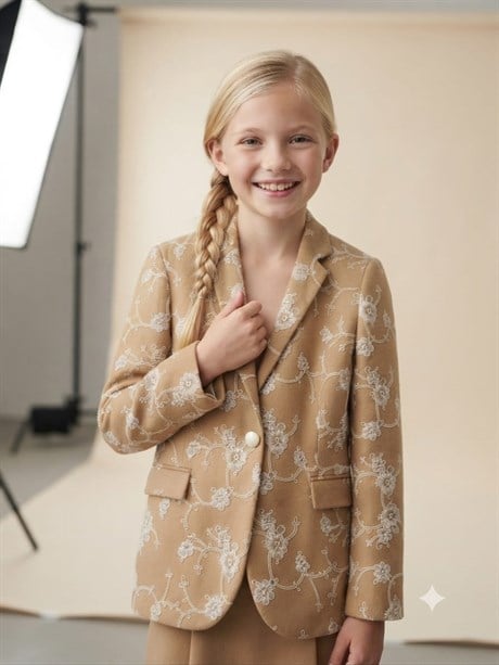 Anne Kız Kadın Kız Çocuk %100 Pamuk Çiçek Nakışlı Blazer Ceket