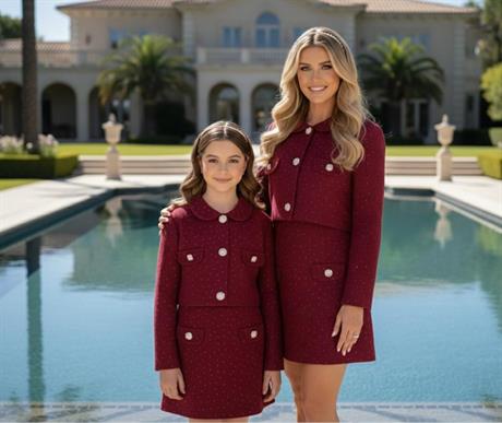 Anne Kız Taş Detaylı Takım Bordo S