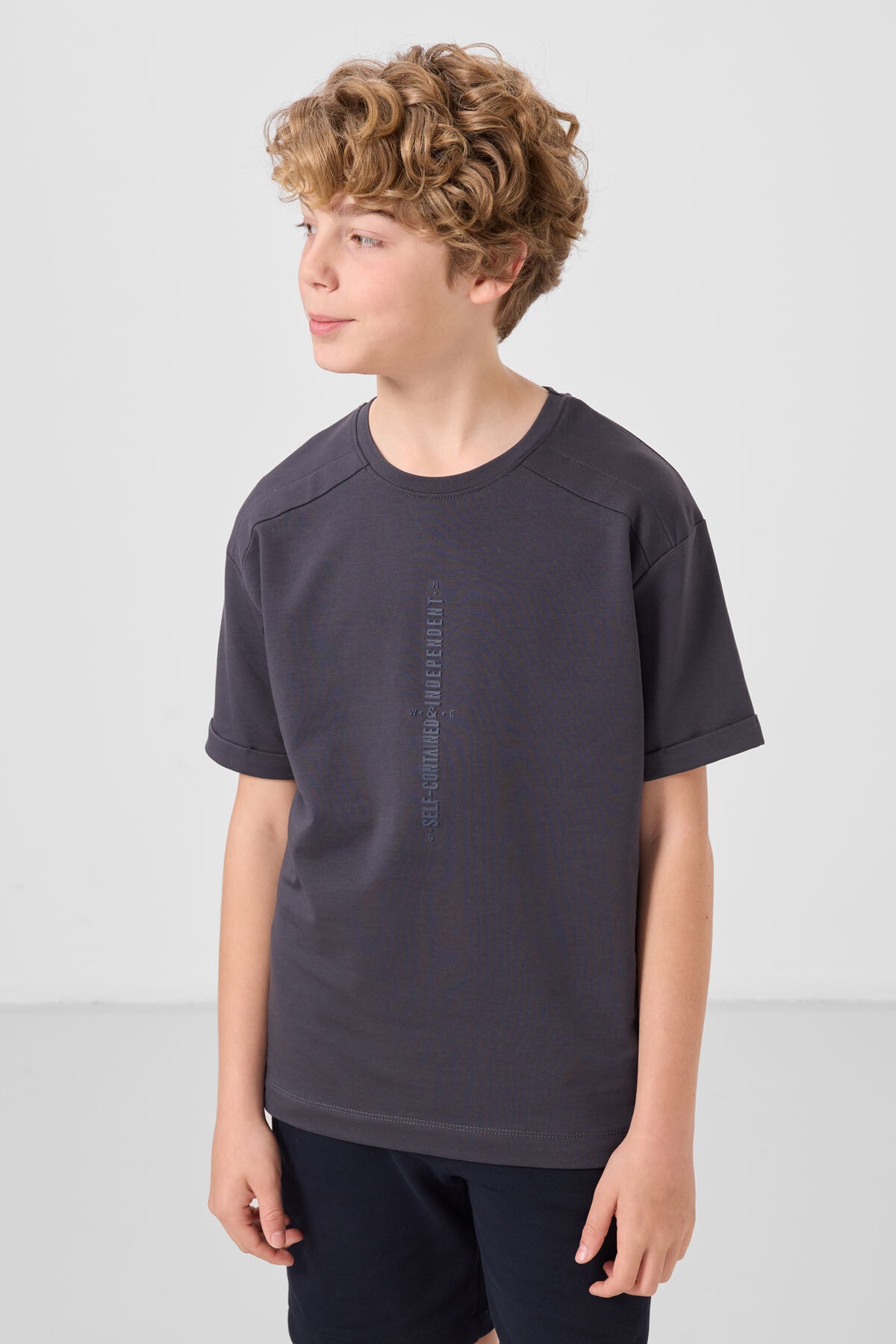 Antrasit Pamuklu Yumuşak Dokulu Oversize Baskılı Erkek Çocuk T-Shirt - 11301