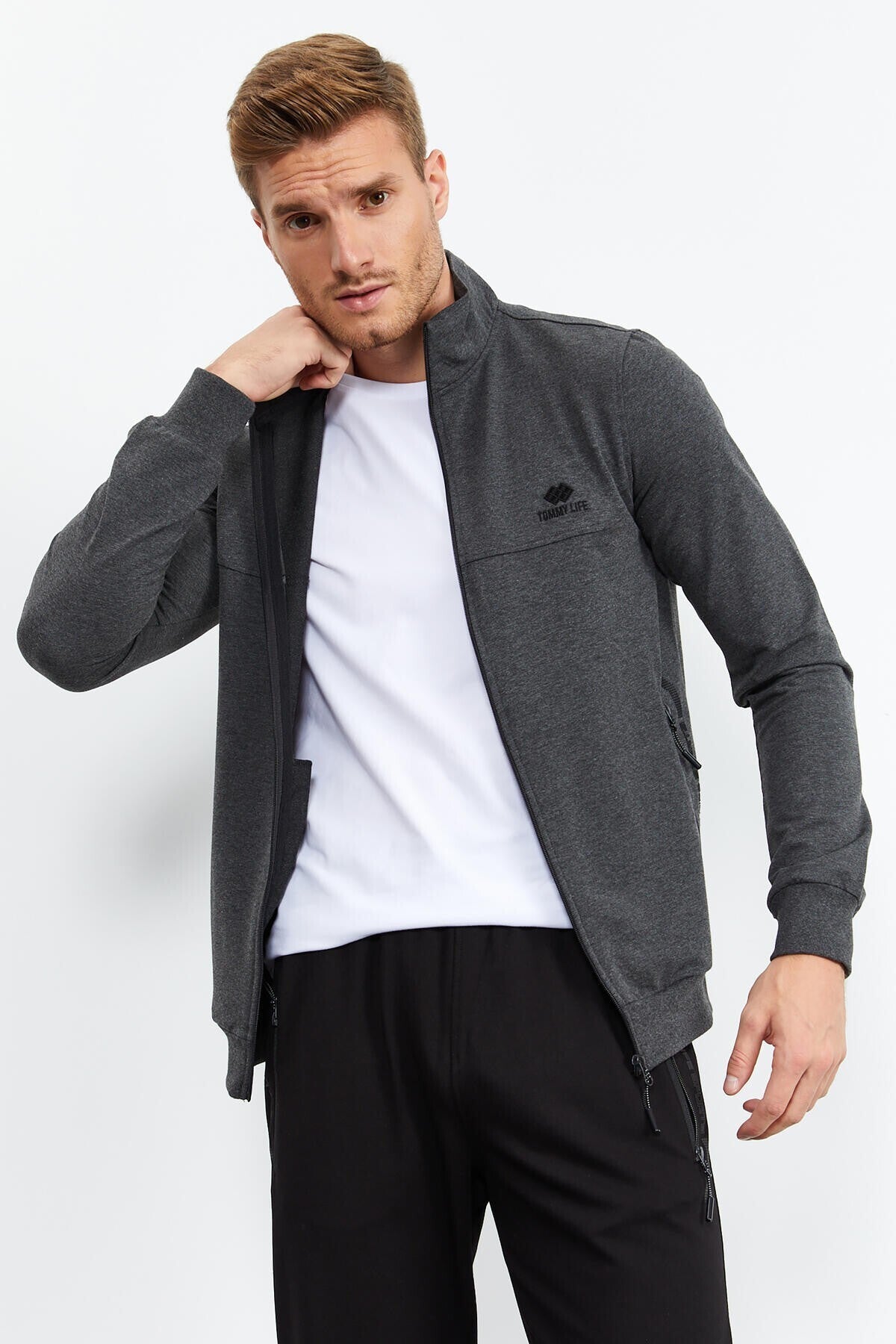 Antrasit Melanj - Siyah Dik Yaka Fermuarlı Standart Kalıp Klasik Paça Erkek Eşofman Takımı - 85152