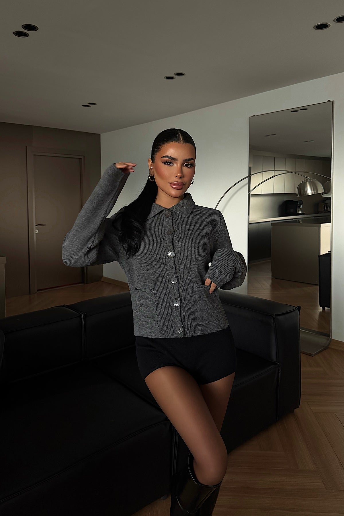 Antrasit Leche Düğmeli Triko Hırka ATE-4493