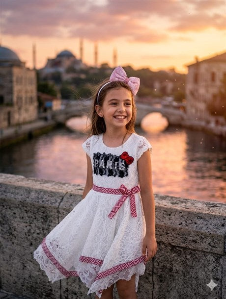 Asimetrik Şeritli Kız Çocuk Beyaz Dantelli Elbise