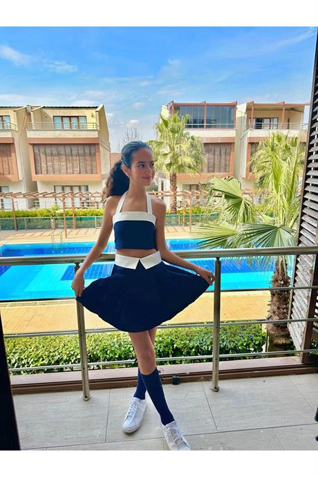 askılı crop ve belde yaka detaylı etek 2 li kız çocuk takım Mavi 10 Yaş