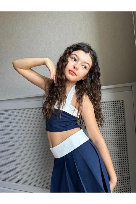 askılı crop ve belde yaka detaylı etek 2 li kız çocuk takım Mavi 8 Yaş