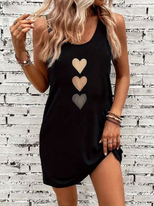 Women's Spaghetti Strap Round Neck Heart Print Short Viscose Dress