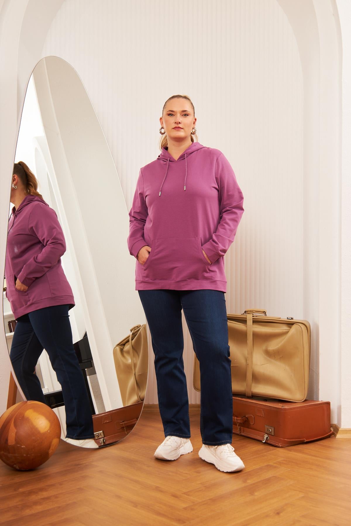 Kapşonlu Büyük Beden Mürdüm Sweatshirt