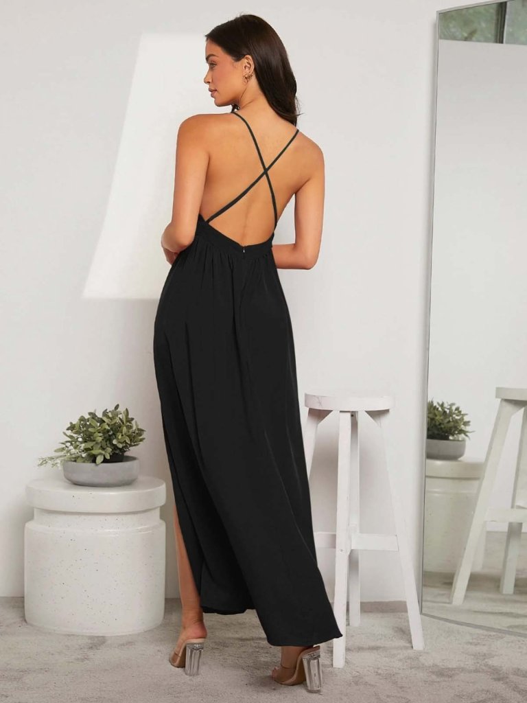 Women's Strap Wrap Slit Detail Local Crepe Long Dress