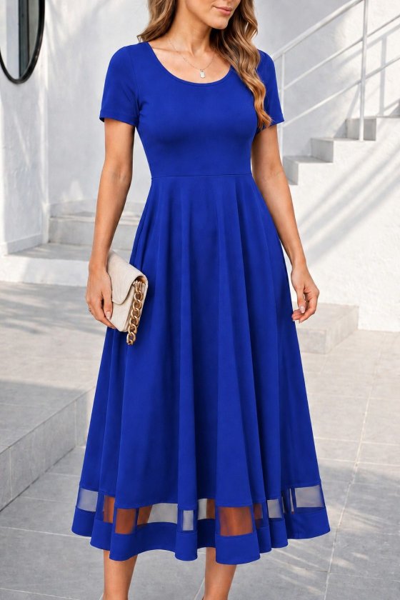 Women’s Short Sleeve Round Neck Tulle Detail Midi Ruffled Crepe Dress