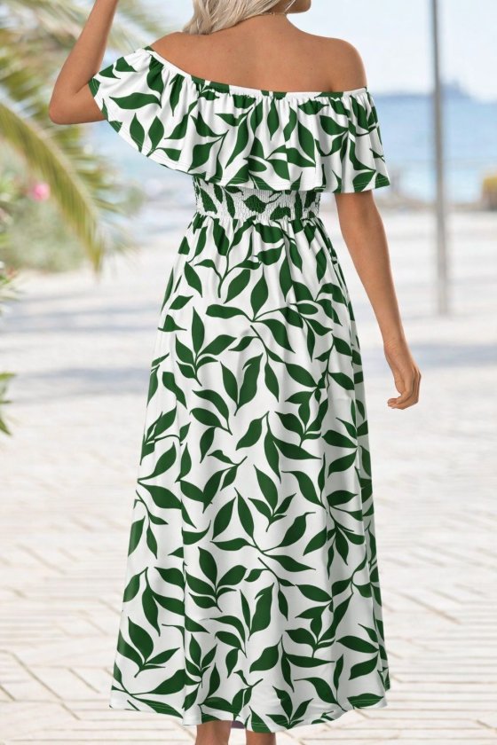 Women's Madonna Collar, Chest Elastic, Slit, Long Patterned Supreme Dress