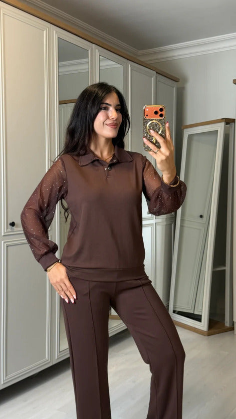Kolları Taşlı Tül Detaylı İkili Takım