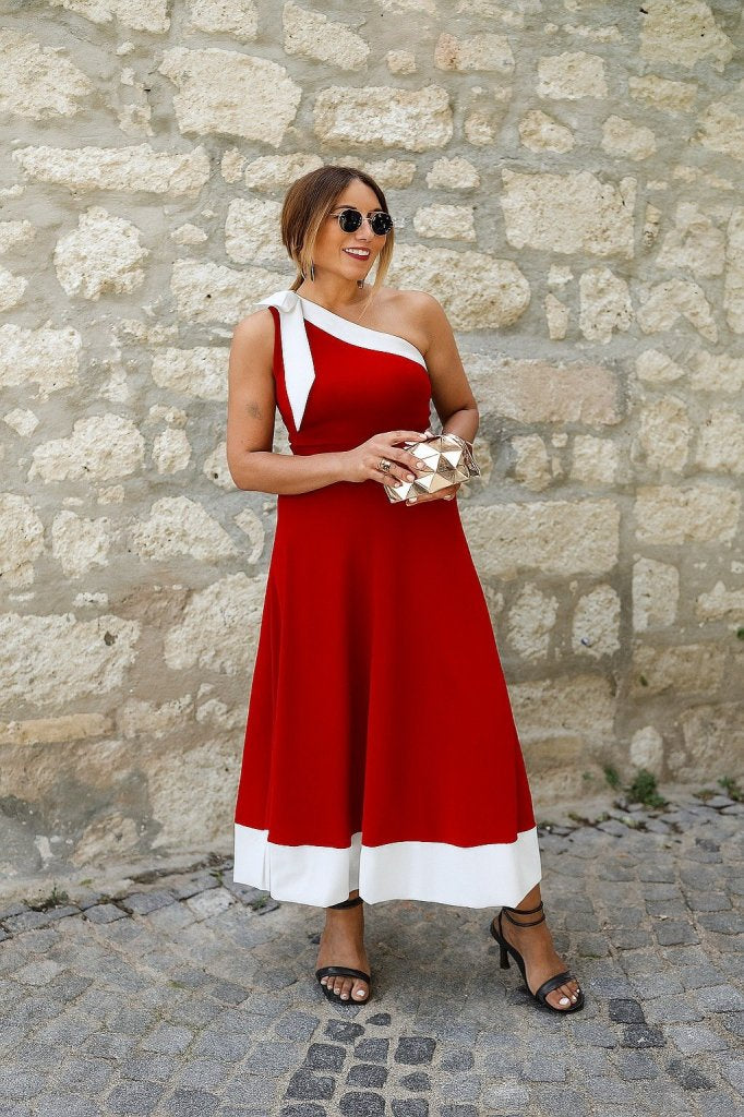 Women's One Shoulder Ribbon Detailed Two-Tone Imported Crepe Dress
