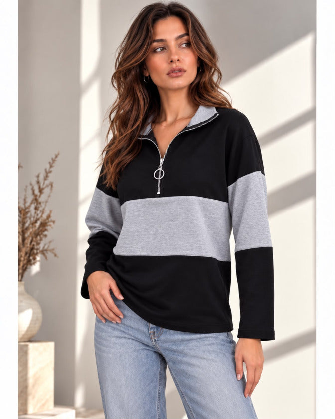 Kadın Fermuarlı Yaka Renk Bloklu Sweatshirt / Üst