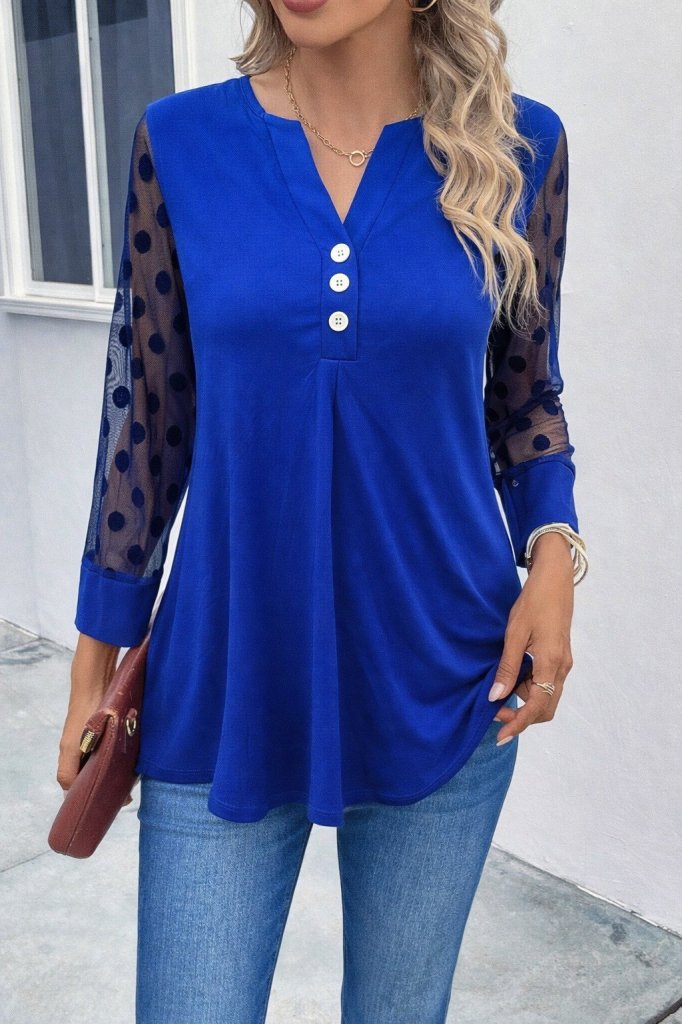 Women's Long Sleeve Buttoned Neckline Sheer Sleeve Detail Viscose Blouse