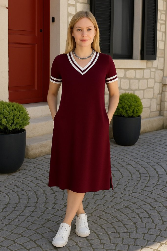 Women's Short Sleeve V-Neck with Ribbed Neck Detail Midi Viscose Dress