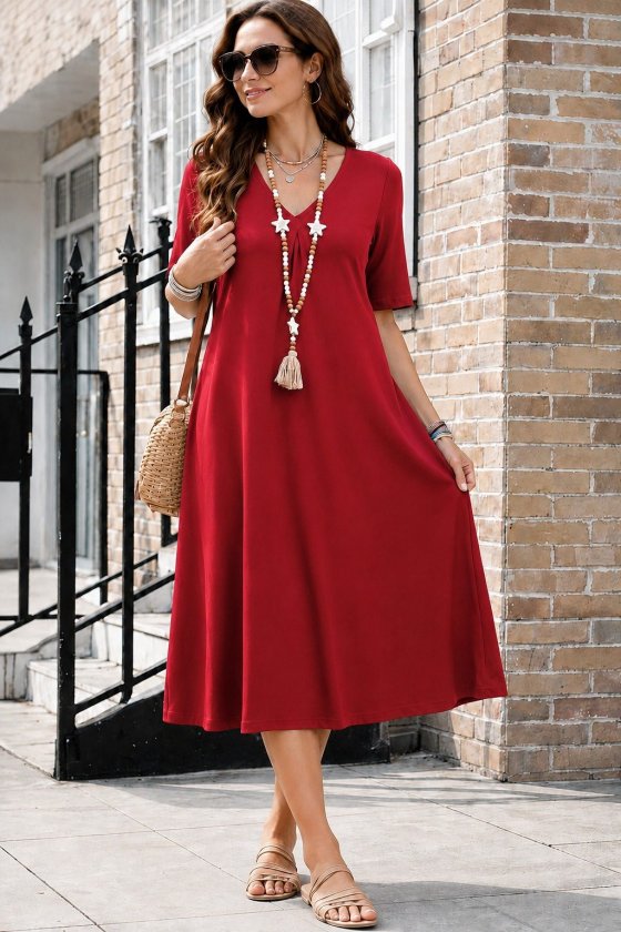 Women's Short Sleeve V-Neck Pocket Detail Midi Viscose Dress