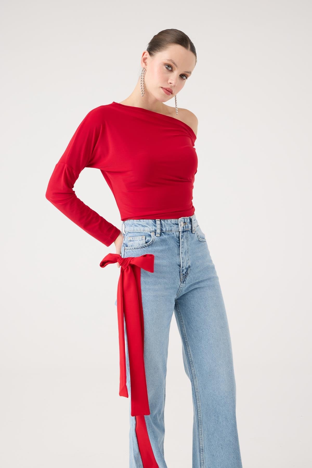 Yüksek Bel Kurdele Detaylı Wide Leg Kyla Jean Pantolon Mavi