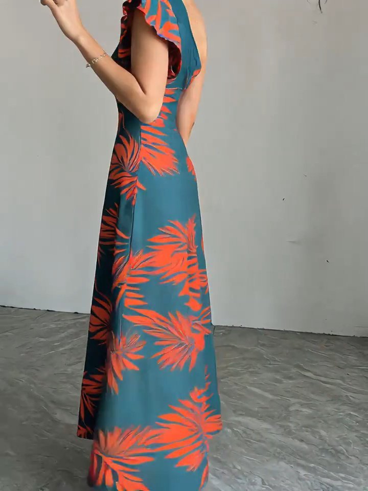 Women's One-Shoulder Open Slit Long Patterned Dress