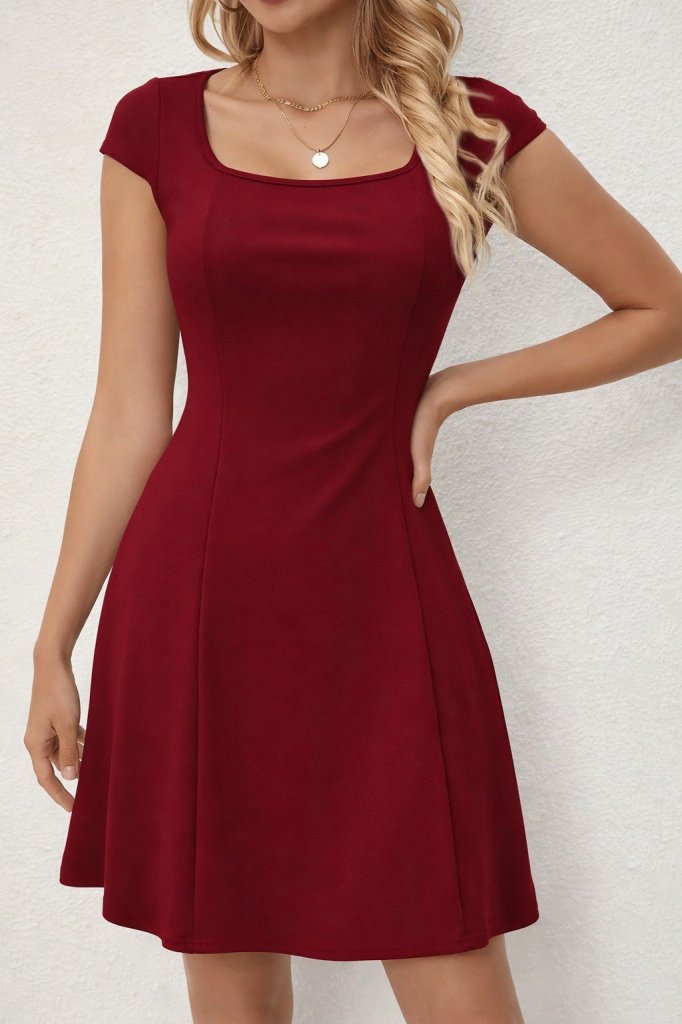Women's Short Sleeve Square Neck Short Imported Crepe Dress