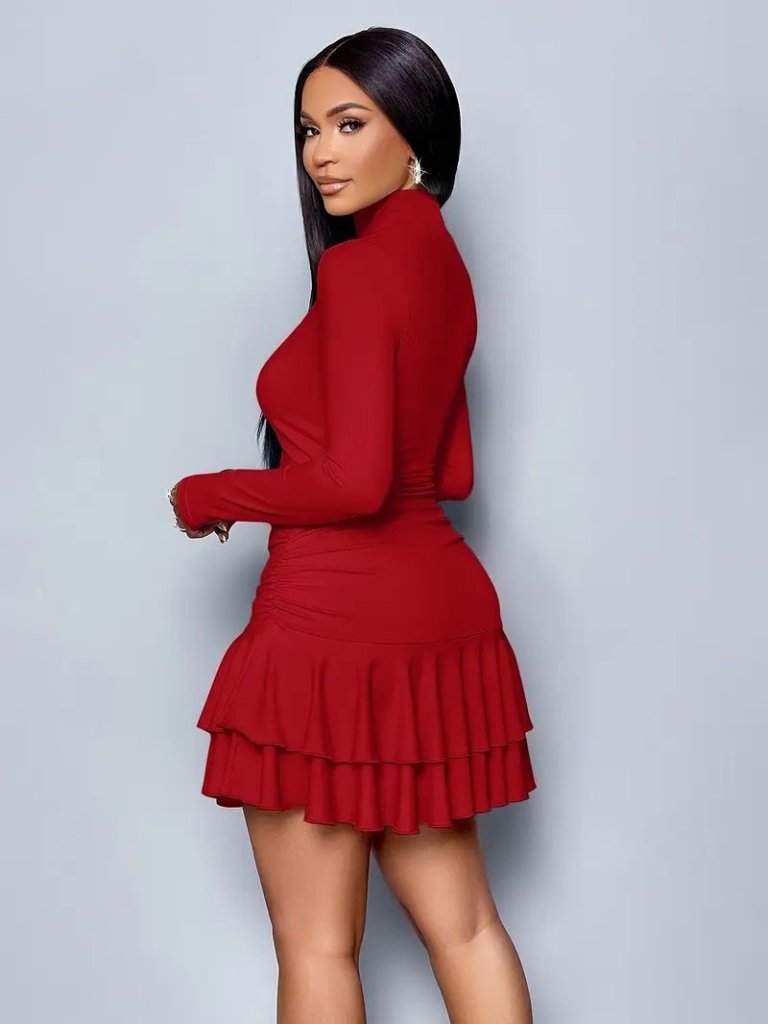 Women's Long Sleeve Turtleneck Mini Ruffled Sandy Dress