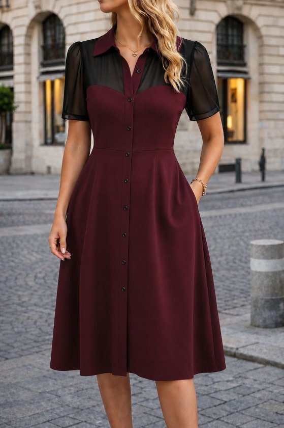 Women's Short Sleeve Collared Front Buttoned Midi Imported Crepe Dress
