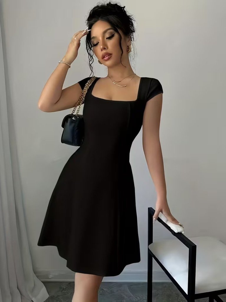 Women's Short Sleeve Square Neck Short Imported Crepe Dress