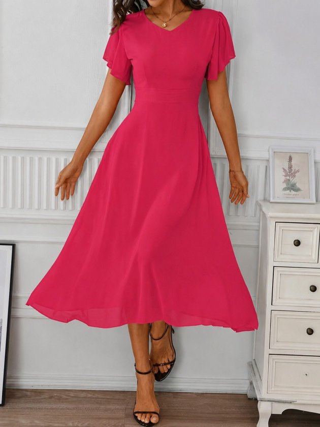 Women's Short Sleeve V-Neck Midi Lined Chiffon Dress