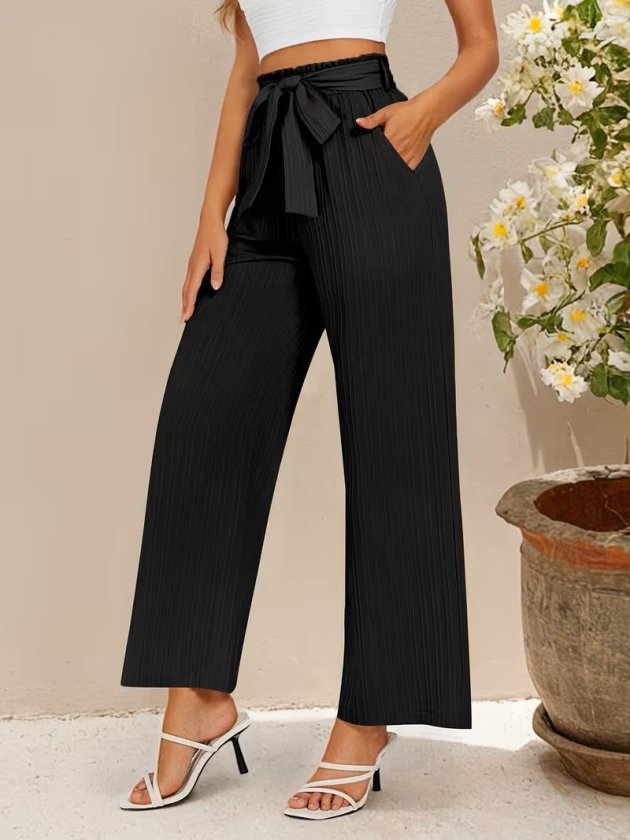 Kadın Yüksek Bel Lastikli Bağcıklı Uzun Geniş Kesim Detaylı Krinkıl Pantolon