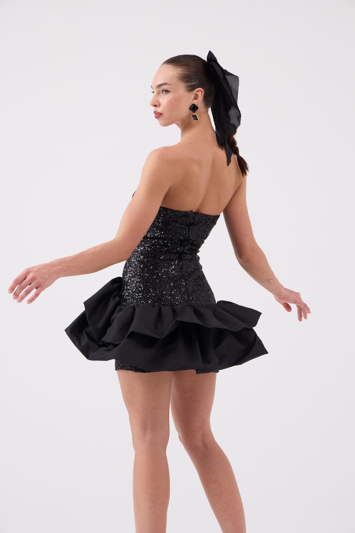 Payetli Mini Frencesca Elbise Siyah