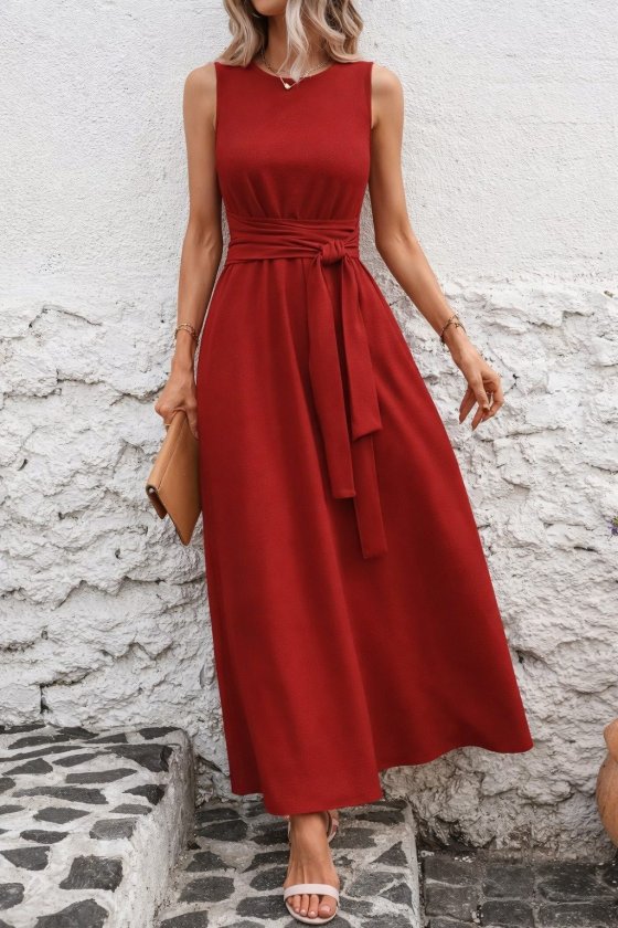 Women’s Off-Shoulder Long Aerobin Dress with Waist Tie