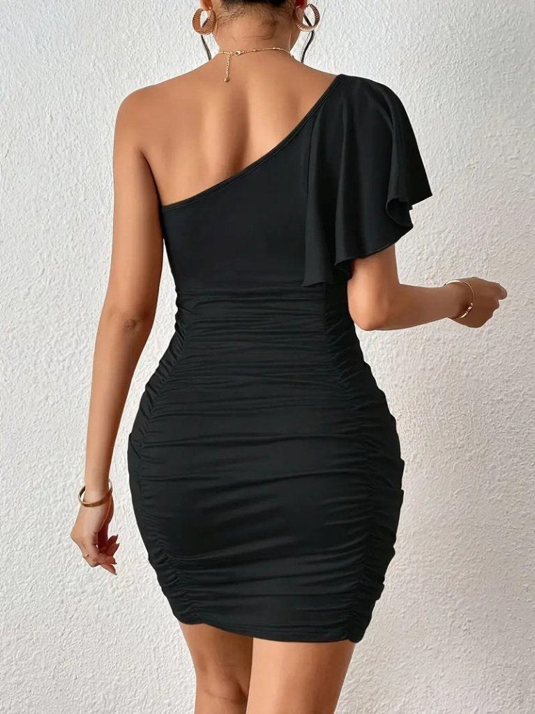 Women's One Shoulder Open Asymmetric Neckline Detailed Gathered Sandy Dress