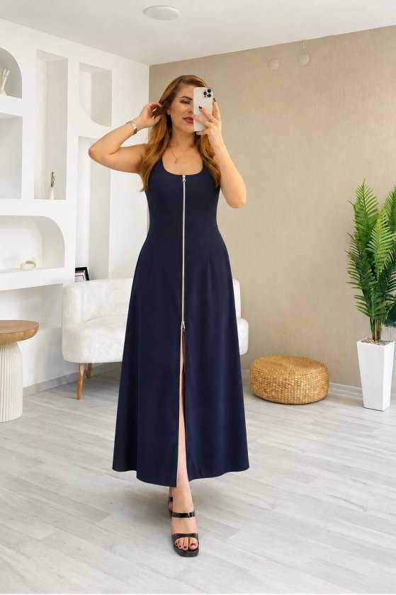 Women's Strappy Square Neck Front Zipper Wide Cut Ruffled Crepe Dress