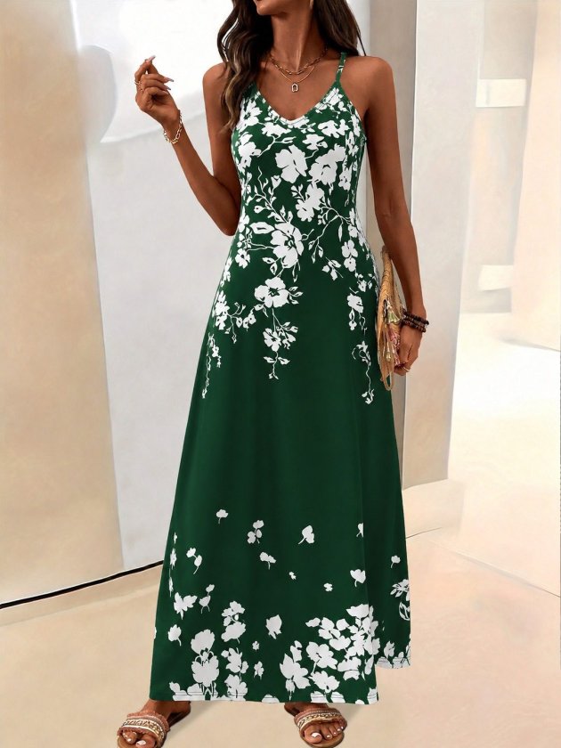 Women's Sleeveless V Neck Patterned Long Supreme Dress