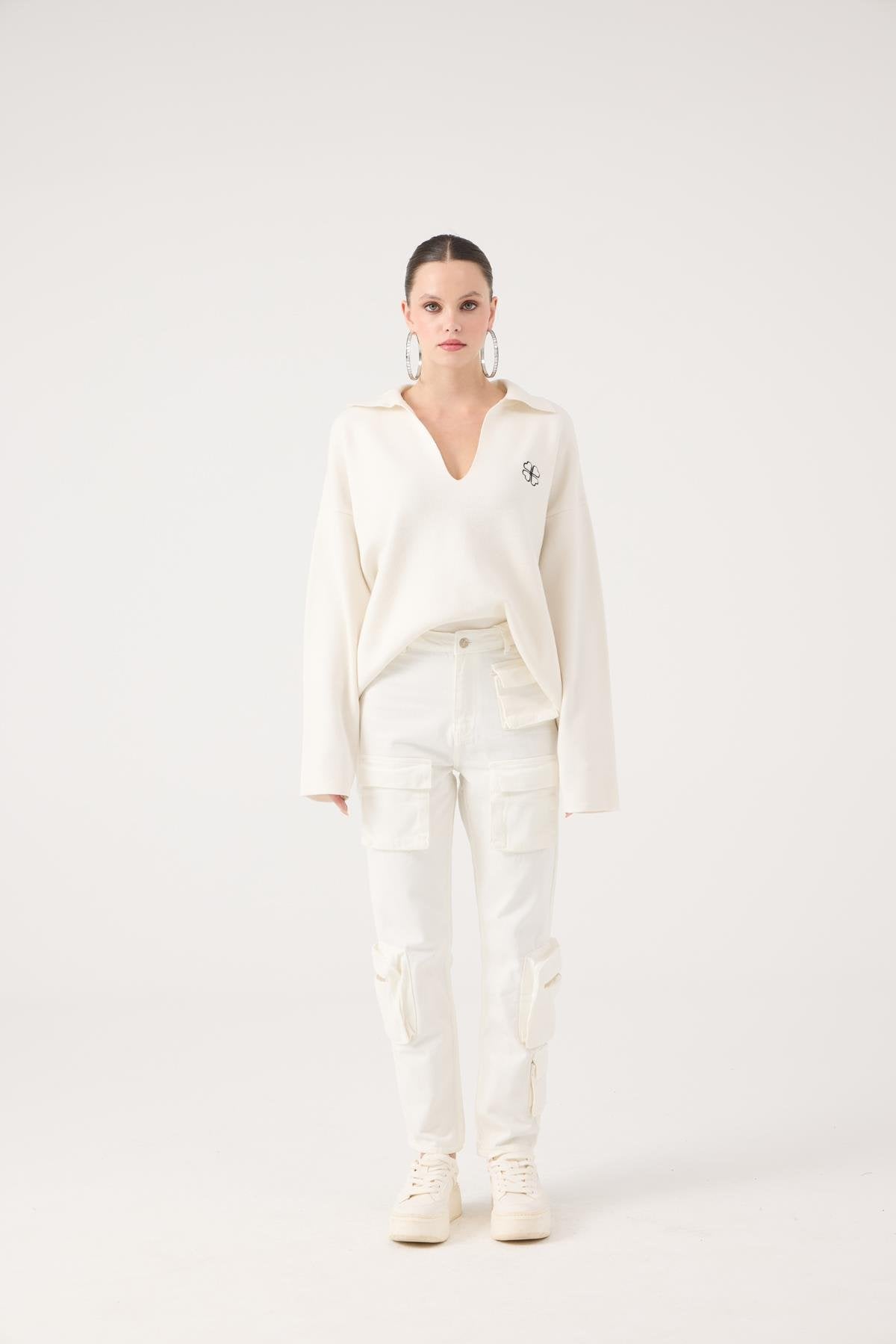 Yüksek Bel, Kargo Cepli Serenity Jean Pantolon Beyaz