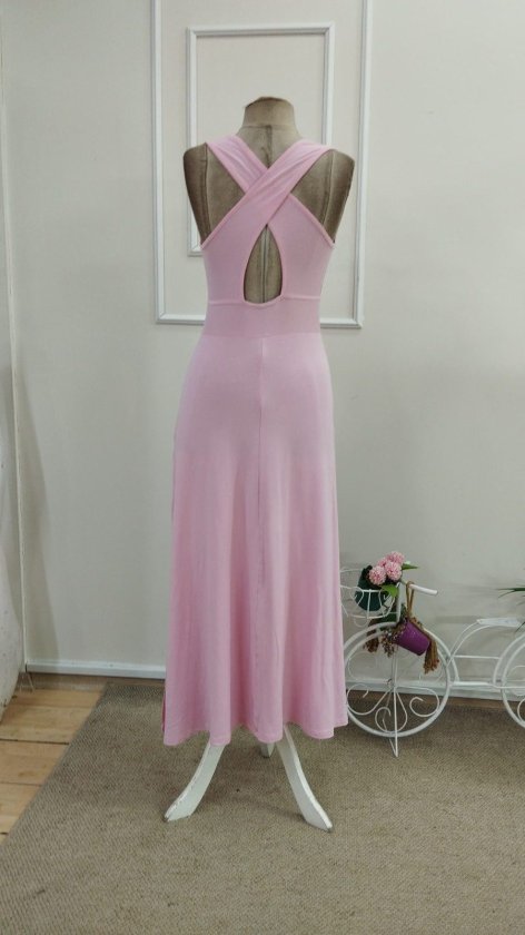 Women's Back Cross Detail Round Neck Maxi Viscose Dress