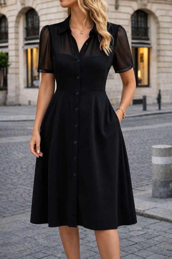 Women's Short Sleeve Collared Front Buttoned Midi Imported Crepe Dress