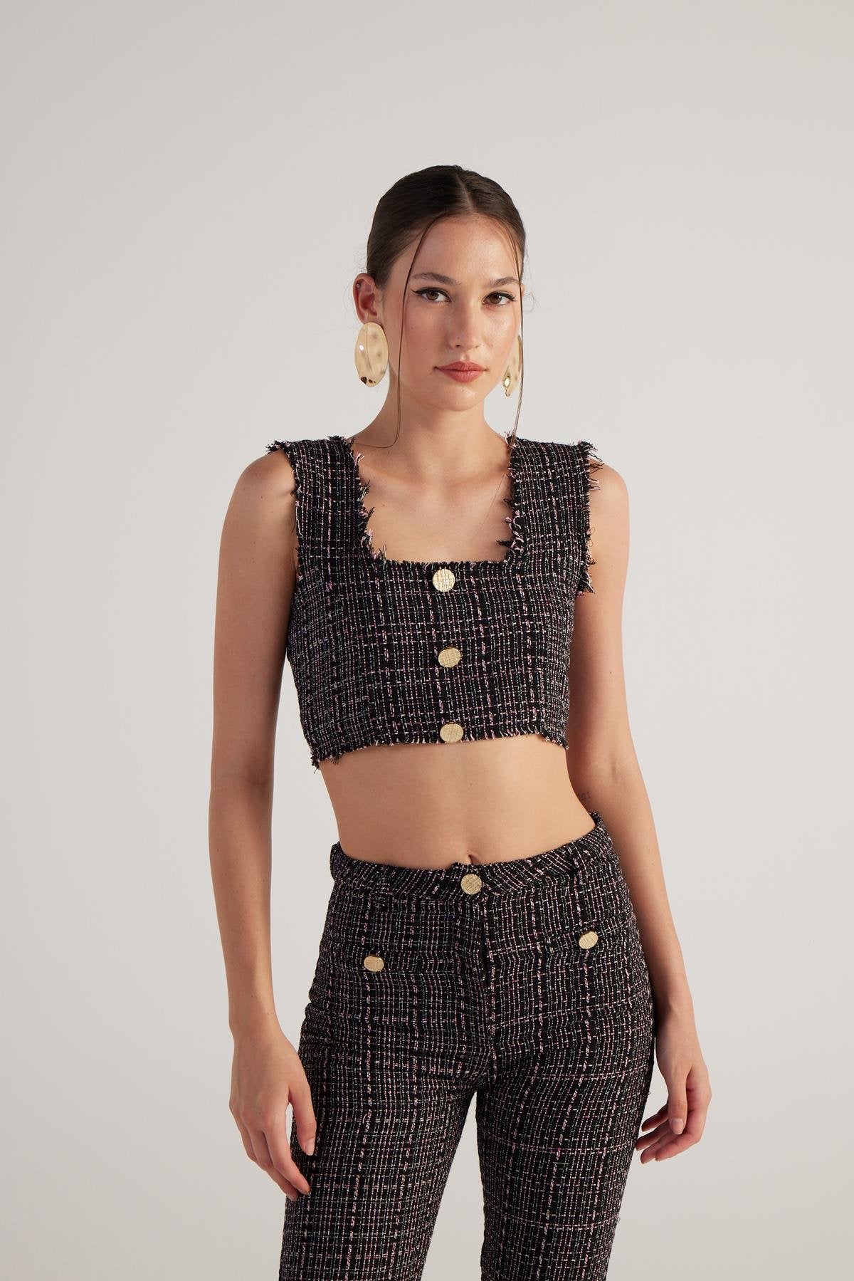 Tüvit Kumaş Crop Tweed Büstiyer Siyah Siyah L