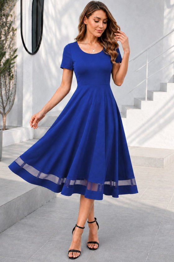 Women’s Short Sleeve Round Neck Tulle Detail Midi Ruffled Crepe Dress