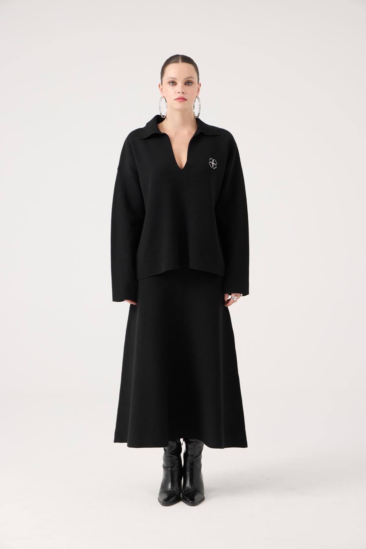 Oversize Kesim Polo Yaka Zoi Triko Kazak Siyah