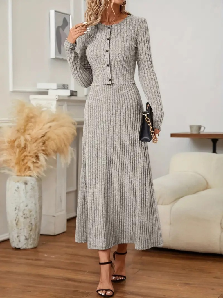 Women's Long Sleeve Front Buttoned Blouse and High Waist A-Line Long Skirt Fleece Kaşkorse Two-Piece Set