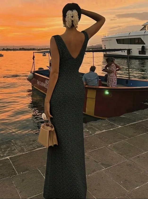 Kadın Askılı V Yakalı Uzun Triko Elbise