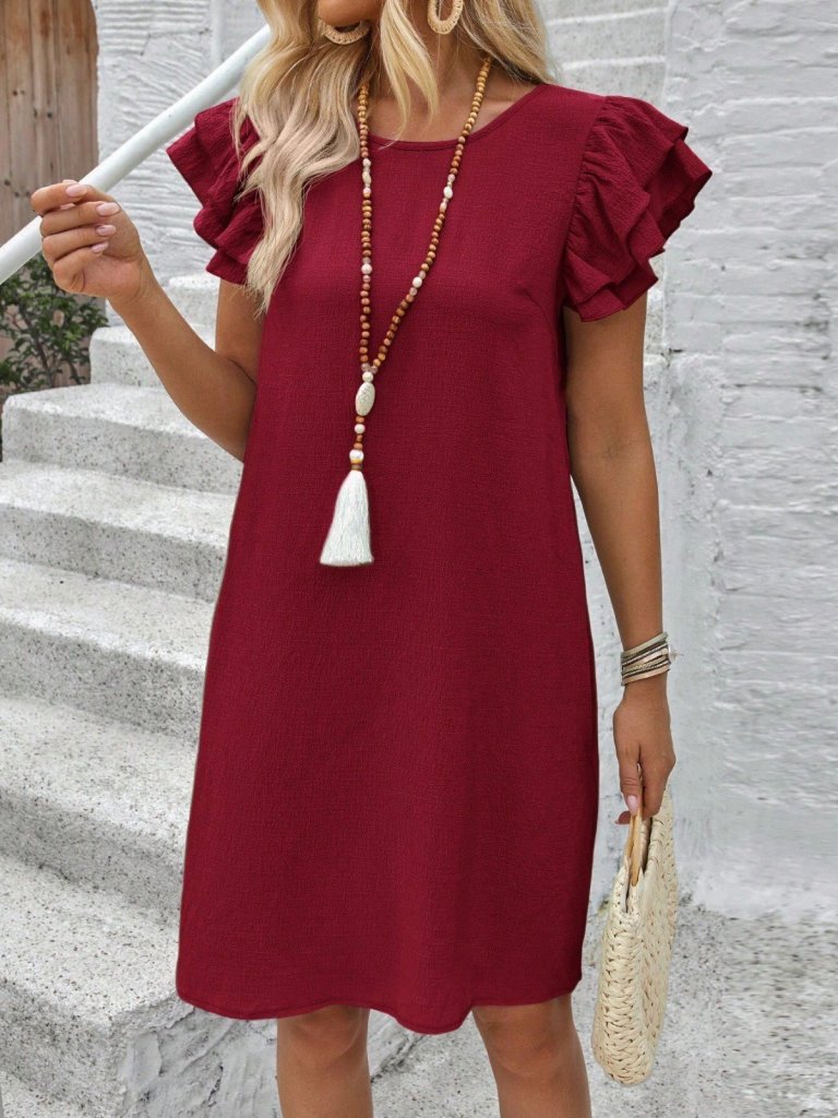 Women's Short Sleeve Crew Neck Ruffled Short Crinkled Dress