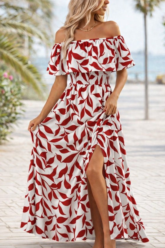Women's Madonna Collar, Chest Elastic, Slit, Long Patterned Supreme Dress