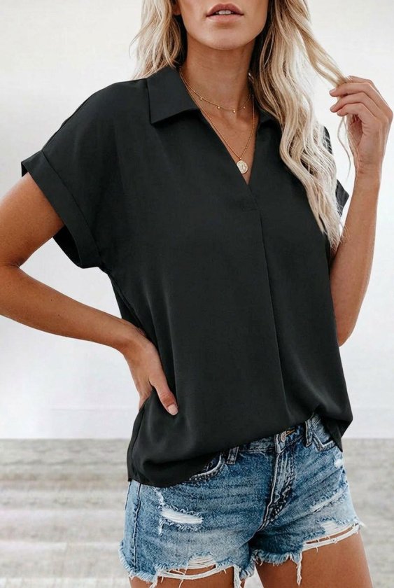 Women's Short Sleeve Collared Woven Viscose Blouse