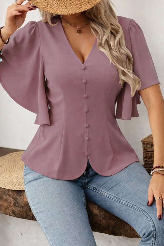 Women's Short Sleeve Front Button Imported Crepe Blouse