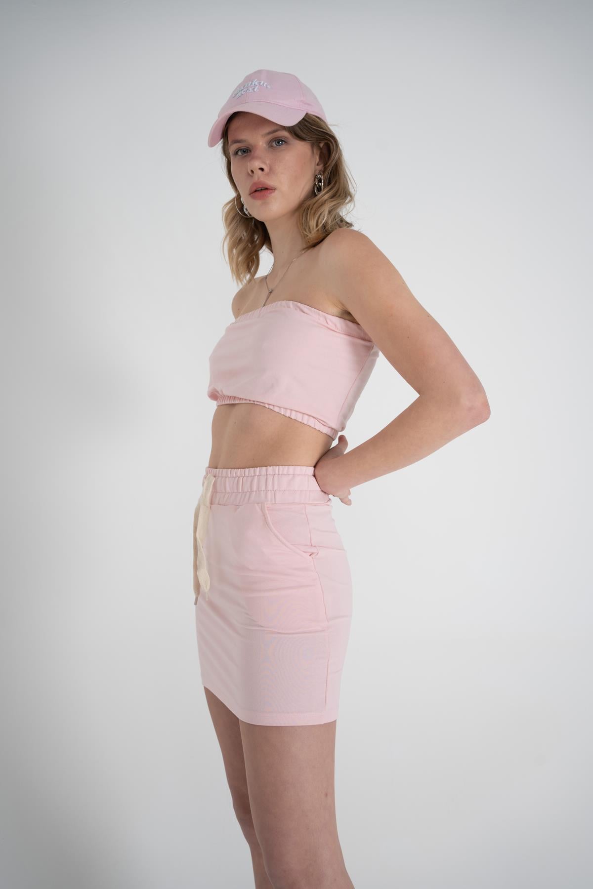 Mini Boy Bel Lastikli ve İpli Cepli Toa Etek Pembe