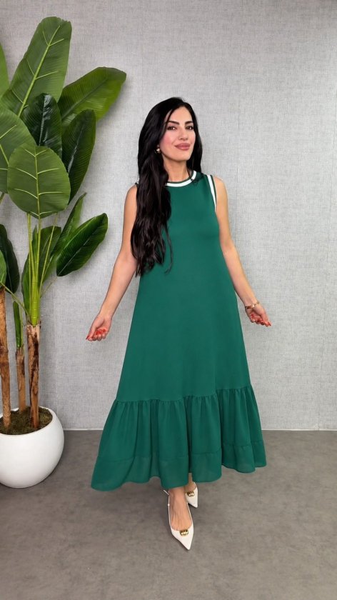 Women's Strappy Round Neck Chiffon Hem Detail Long Viscose Double Thread Dress