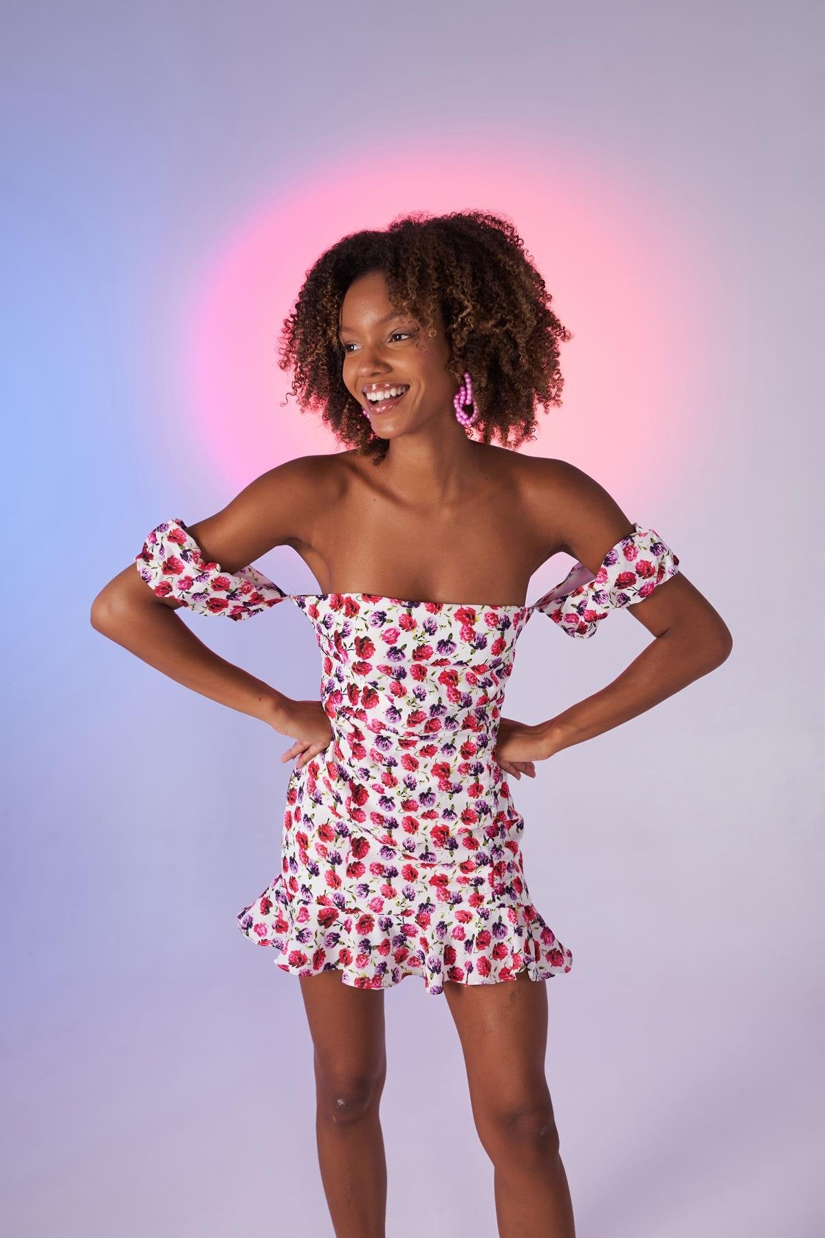 Çiçek Desenli Yazlık Mini Cassie Elbise Pembe Pembe L