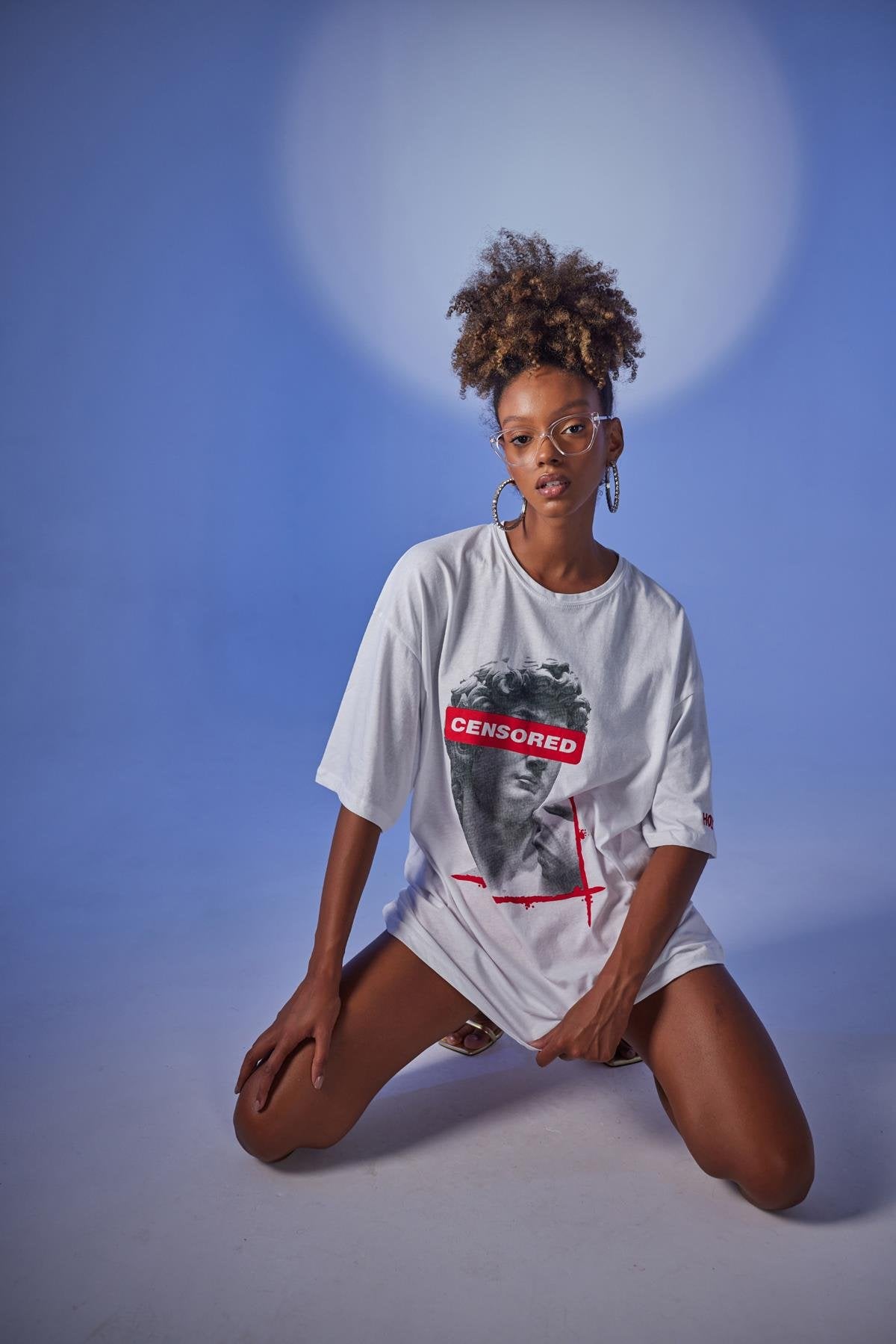 Oversize Baskılı Censored T-Shirt Beyaz